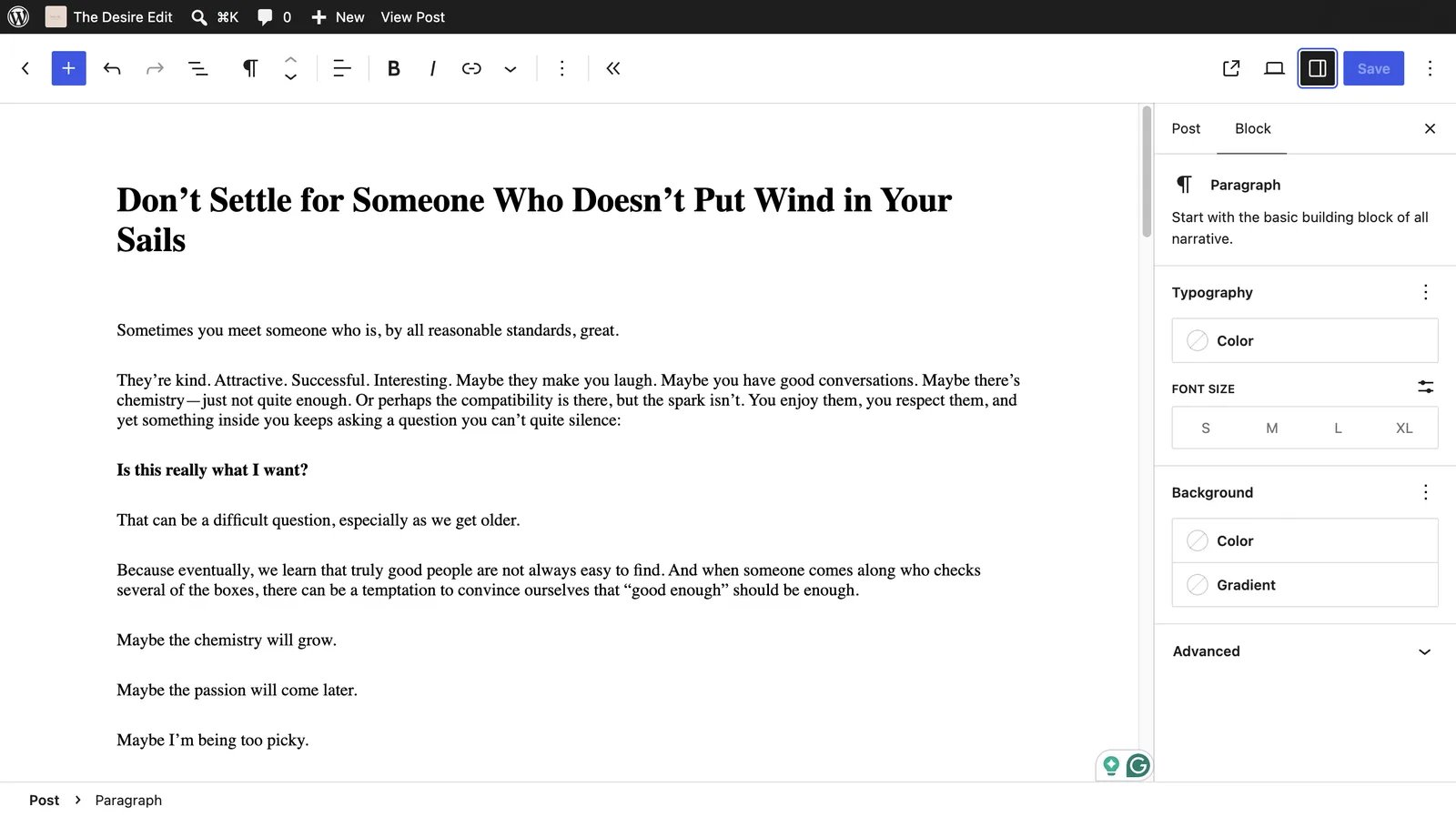 Native WordPress block editor behind the custom theme