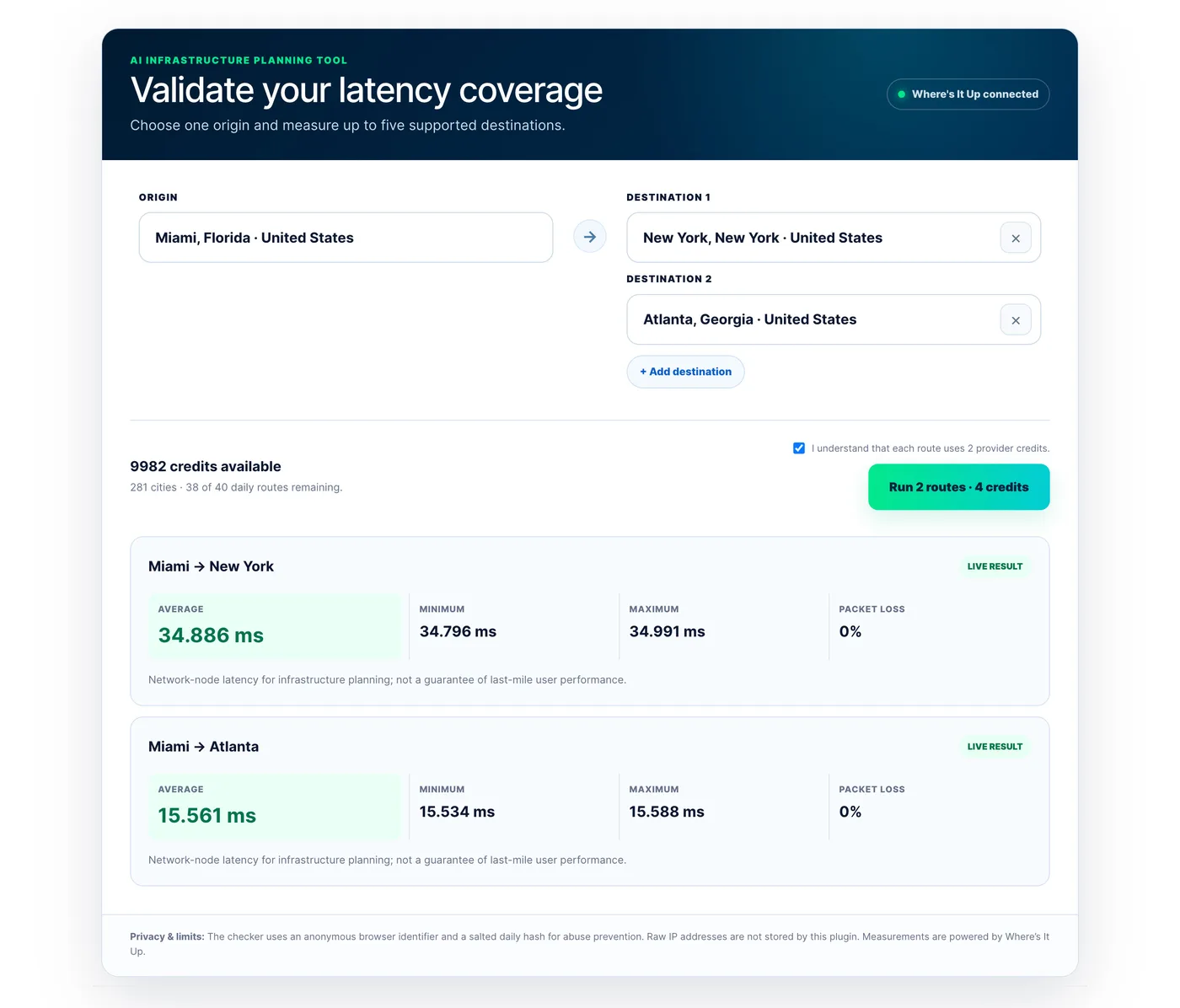 City Latency Monitor WordPress plugin — live latency results for two routes